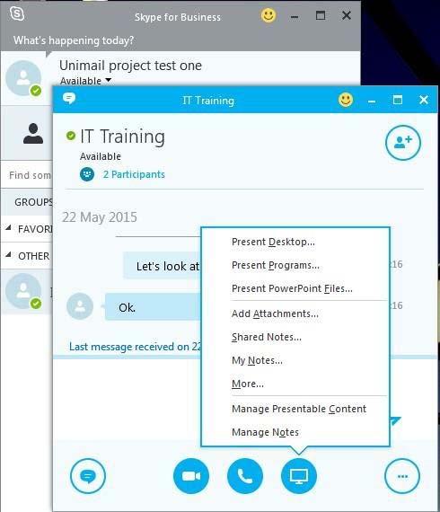 Sharing your desktop and other content You can share content with colleagues either from the messaging conversation window or during a meeting.