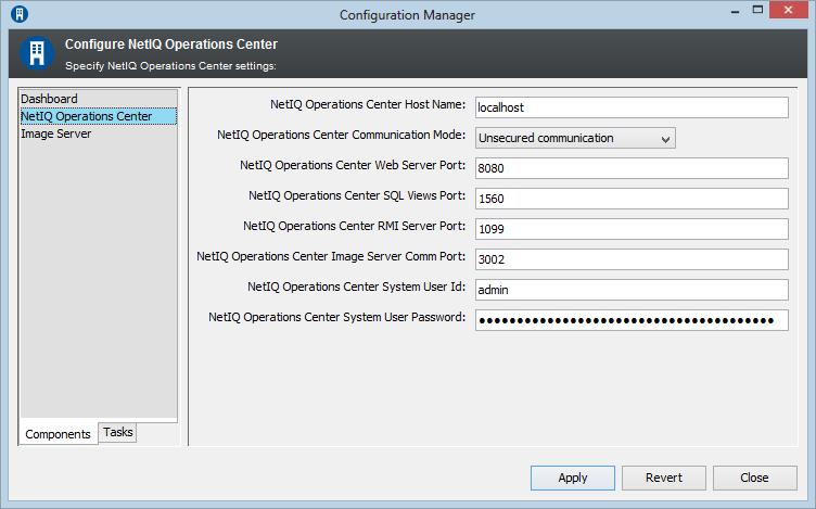 3 Configure the following settings: NetIQ Operations Center Server Host Name: The host name for the Operations Center server.