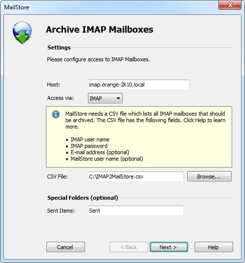 Batch-archiving IMAP Mailboxes 38 Select Multiple Mailboxes and click on OK. Fill out the field Host and Access via and under CSV File enter the path of the new CSV file (created as described above).
