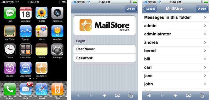 Accessing the Archive with iphone and ipod touch 75 Using MailStore iphone Client Start and Login Start the iphone client using the MailStore symbol on the iphone home screen.