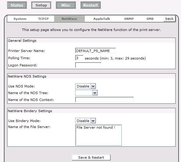 Print Server Name: This option allows you to input print server name which configured by PSAdmin utility or PCOMSOLE program.