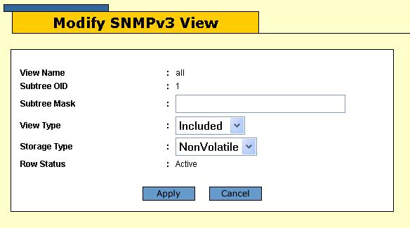 Chapter 11: SNMPv3 Deleting a View Table Entry To delete an entry from the SNMPv3 View Table: 1. From the Home page, click the Configuration button. 2. From the Configuration menu, click the Mgmt.