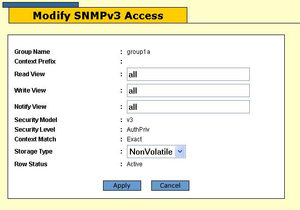 AT-S63 Management Software Web Browser User s Guide Figure 46. Modify SNMPv3 Access Window 6. Modify the parameters as needed. The parameters are described in Table 24 on page 145. 7.