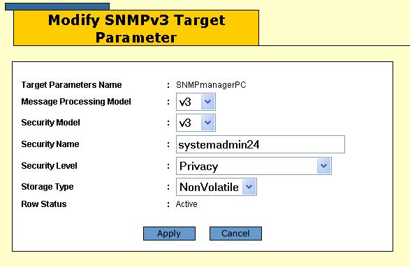 Chapter 11: SNMPv3 Deleting a Target Parameters Table Entry To delete an entry from the SNMPv3 Target Parameters Table: 1. From the Home page, click the Configuration button. 2.