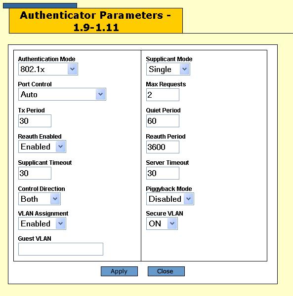 AT-S63 Management Software Web Browser User s Guide Configuring the Authenticator Port Parameters Note A port must be set to the authenticator role before you can configure its parameters.
