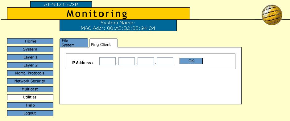 AT-S63 Management Software Web Browser User s Guide Pinging a Remote System This procedure instructs the stack to ping a node on your network.