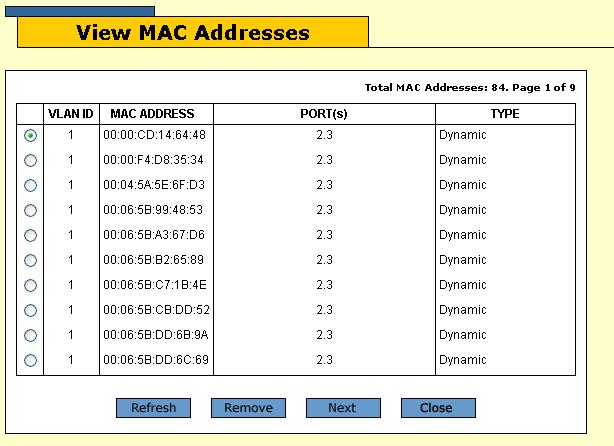 Chapter 4: MAC Address Table 4. After selecting an option, click the View button. Figure 17 shows an example of unicast MAC addresses. Figure 17. View MAC Addresses Window The columns in the table are described in Table 10.