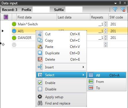 To apply changes to all rows in the Data input table, first right click on
