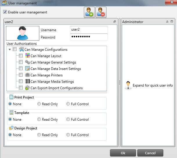 Users Enable user management allows restriction of individual users to specific functions.