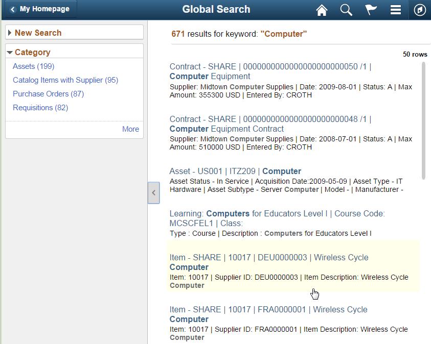 Figure 20: Example of Global Search results in non-small form factor device Global Search results may display Related