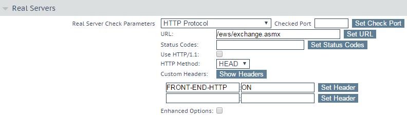 21. Expand the Real Servers section. 22. For Real Server Check Parameters, ensure that HTTP Protocol is selected. 23. Enter /ews/exchange.asmx in the URL text box. 24. Click Set URL. 25.
