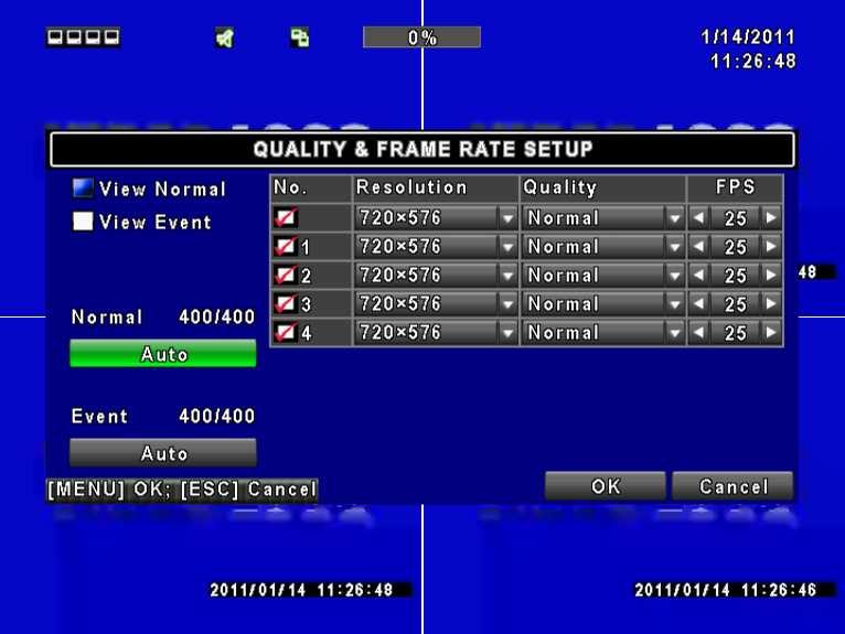 4.2.1 Quality & Frame Rate Setup View Normal / View Event No. Resolution Quality Setup resolution, quality and FPS separately for different record type.