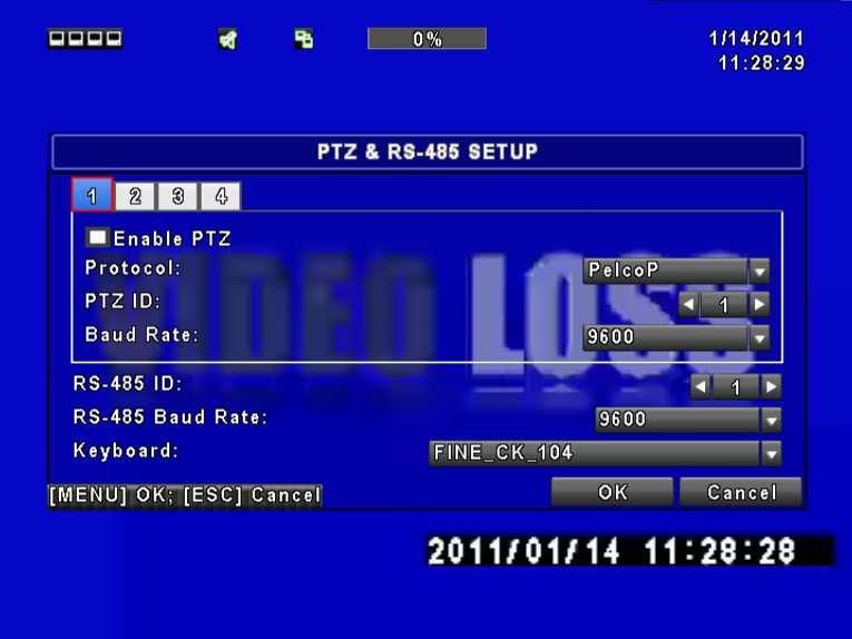 4.8 PTZ & RS-485 Setup The DVR allows users to control PTZ functions of your camera. To enable PTZ function, the 485 cable should be connected to the RS-485 port of DVR.
