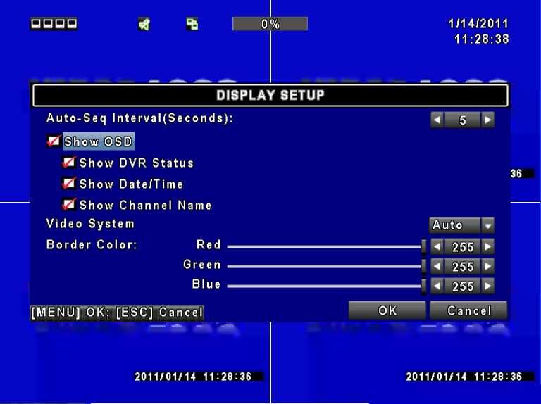 4.9.1 Display Setup Auto-Seq Interval ( Seconds) Show OSD Show DVR Status Show Date/Time Show Channel Name Video System CRT Click or press to set up duration time in seconds for the interval between