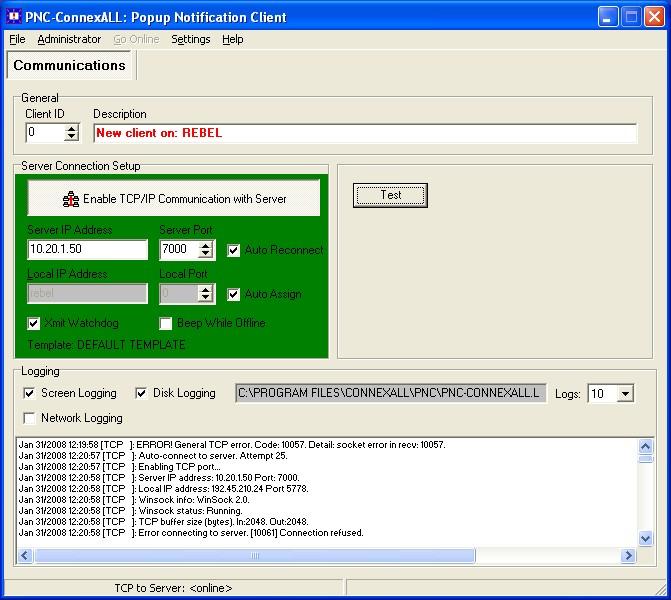 5. Activate the PNC application on its assigned PC by selecting Start Programs ConnexALL PNC Popup Notification Client.