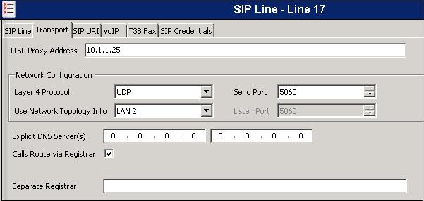 Select the Transport tab and set the following: Set the ITSP Proxy Address to the IP address of the AT&T proxy server. Set the Layer 4 Protocol to UDP.
