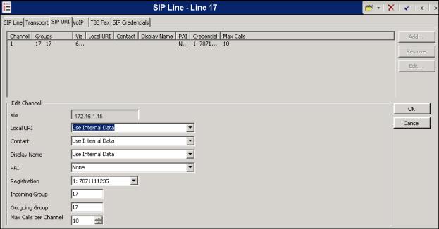 A SIP URI entry needs to be created to match each incoming number that Avaya IP Office will accept on this line. To create a SIP URI entry, first select the SIP URI tab.