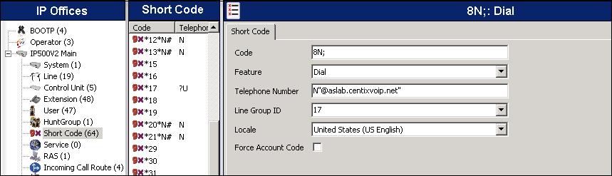 5.11. Short Code /Automatic Route Selection Define a short code to route outbound traffic to the SIP line. To create a short code, right-click on Short Code in the Navigation Pane and select New.
