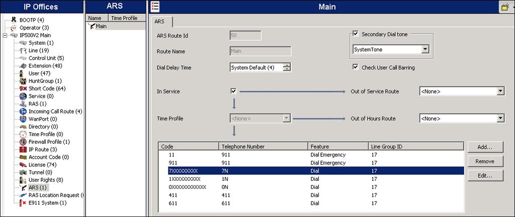 ARS. The following screen shows the example ARS configuration for the route Main.