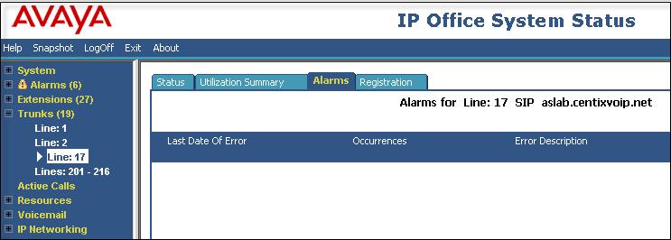Select the Alarms tab and verify that no alarms are active on the SIP line.
