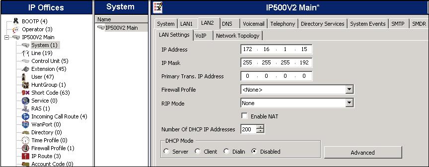 5.2. LAN2 Settings In the sample configuration, IP500V2 Main was used as the system name, and the WAN port was used to connect the Avaya IP Office to the public network.