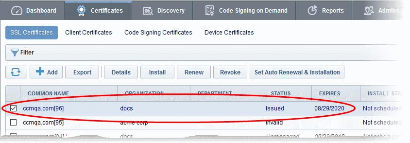 To check whether the Certificate Controller has stored the certificate Click the 'Settings' tab > 'Agents' sub-tab then 'Network Agents' Select the