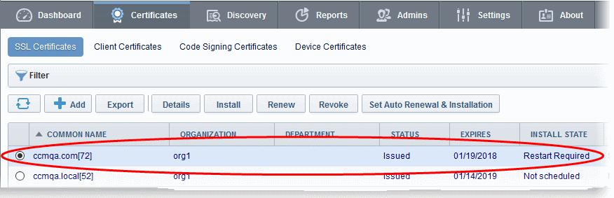 Administrators can restart the server remotely from the CCM interface by clicking the 'Details' button then 'Restart': Select the certificate and click the 'Details'