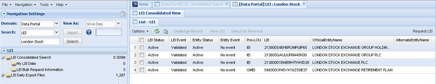 Search LEI Record(s) The Search facility in the Navigation Settings region enables you to search the database for an existing LEI.
