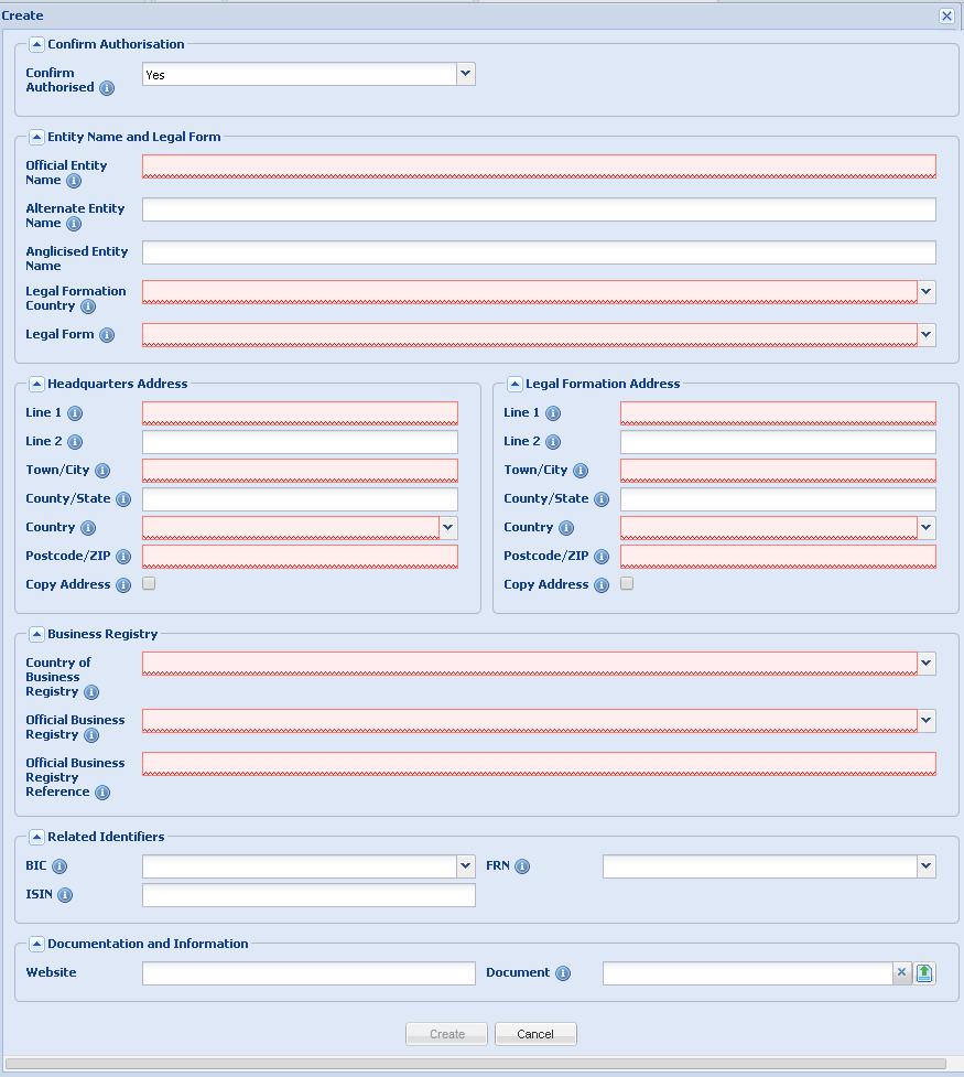 Requesting an LEI The Create screen enables you to complete and submit the different details related to the new LEI request that you want to create. 1. Complete all the mandatory fields.