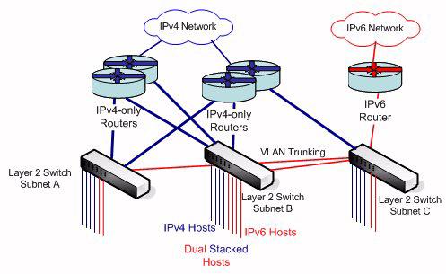 Figure 2: Dual-stacked VLAN Network DNS considerations DNS plays a crucial role in proper operation of each transition technology; after all, it provides the vital linkage between end-user naming and