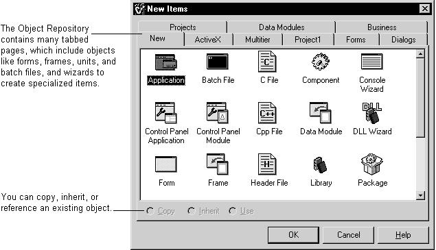 Templates and the Object Repository The Object Repository contains forms, dialog boxes, data modules, wizards, DLLs, sample applications, and other items that can simplify