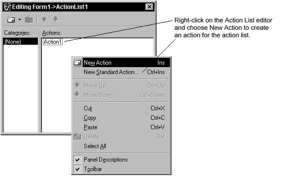 3. In the Object Inspector, set the following properties for the action: o After Caption, type &New.