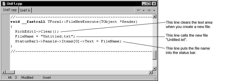 11. FileName = "Untitled.txt"; 12. 13. StatusBar1->Panels->Items[0]->Text = FileName; 14.