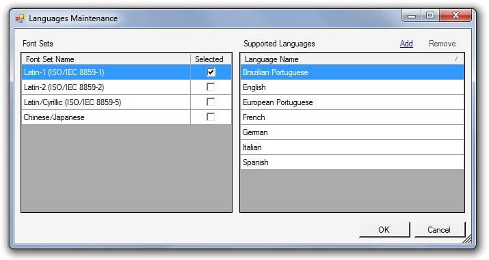 The Languages Maintenance window lists the languages that have been set up for each font set.