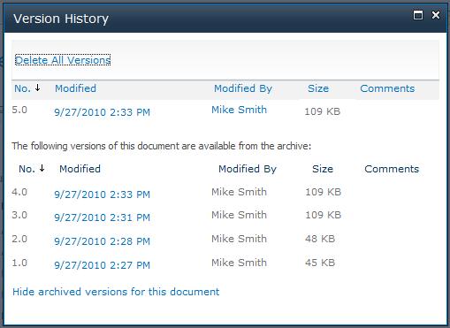 Figure 15 - Viewing version history in SharePoint after