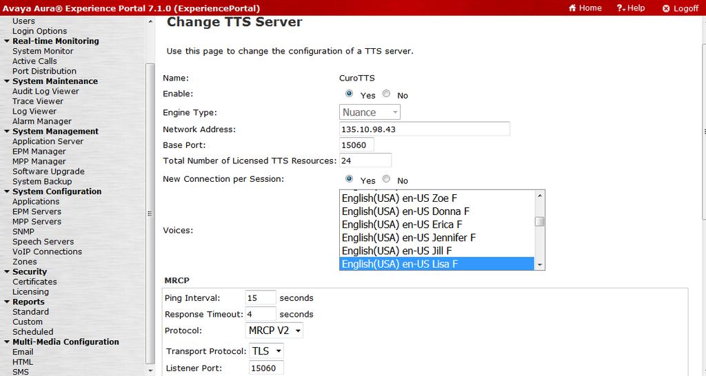 6.2.2. Administer TTS On the left pane, navigate to System Configuration Speech Servers (not shown). To add a TTS server, click on TTS tab (not shown) and click Add (not shown).