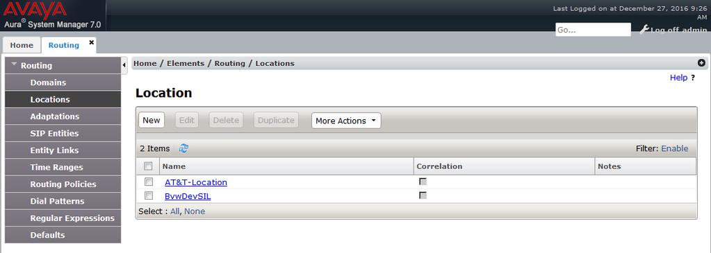 7.2. Configure Locations From the left pane, select Location. To add a new location, select New. For compliance testing, the location of BvwDevSIL was added. 7.3.