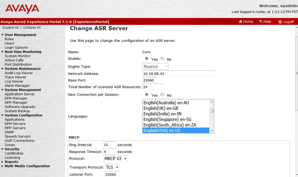 6.2. Administer Speech Server 6.2.1. Administer ASR On the left pane, navigate to System Configuration Speech Servers (not shown).