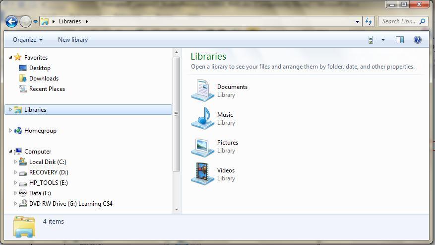 The Libraries folder The Windows 7 Explorer Toolbar The Windows 7 Explorer toolbar offers you many options.