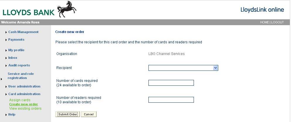 From the drop down menu, select which service administrator the cards and readers should be sent to. Enter the required number of cards and/or readers and click Submit Order.