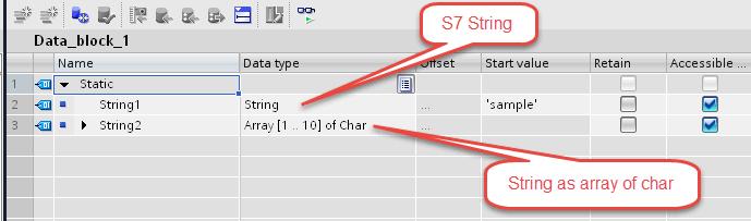 Step7 string declaration is showed in Figure 22: Figure 22 TIA Portal string declaration is showed in Figure 23: Figure 23 NOTE: Usage of
