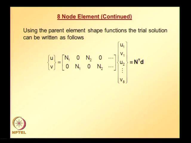 (Refer Slide Time: 36:29) Using the parent element shape functions, the trial solution can be written as follows displacement component in the x direction is