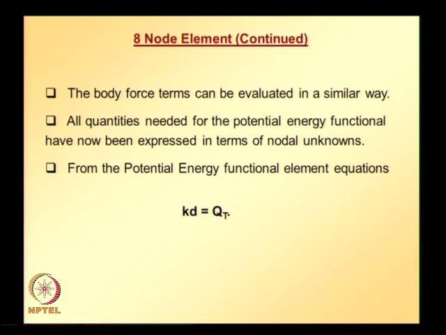 (Refer Slide Time: 44:05) Body force terms can be evaluated in a similar way, all quantities needed for potential energy functional have now been expressed in terms