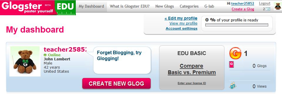 Note: Glogster recommends filling in all of the information during the registration process if not, the system will automatically prompt you for information upon each subsequent login.