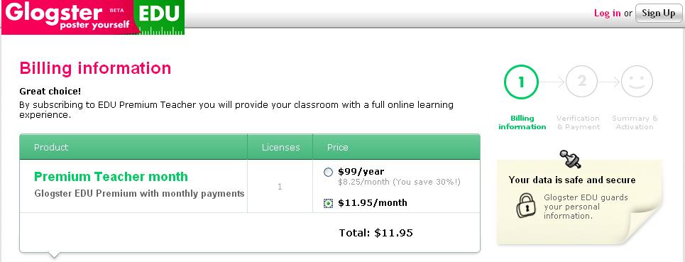 Select $99 /year to be charged $99 yearly for your Premium Teacher account.