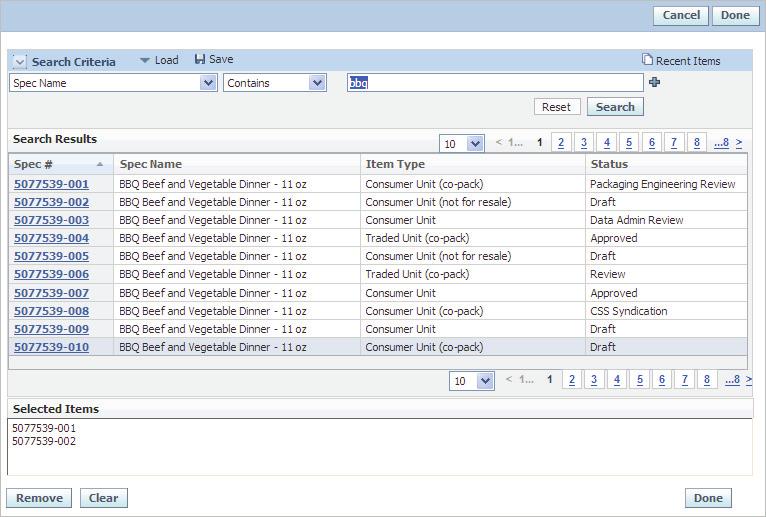 Workflow Figure 2 13 Search page Once you select all of the specifications to publish, click Done.