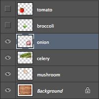 IV. Elliptical Marquee (onion) 1. In your layers palette, click on the eye next to the broccoli to make the broccoli layer invisible.