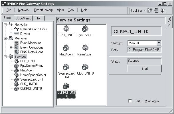 Installing the C Library and Setup Diagnostic Utility Section 3-4 7. Click the Basic Tab and the Services Icon in the main FinsGateway Settings Window to add CLKPCI_UNIT0 to the service settings.