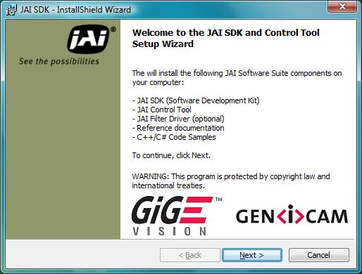 1.2.2 JAI SDK Software Installer The installer looks for several programs, including Microsoft.NET Framework 2.0, Windows Installer 3.1, and Visual C++ 2005 Redistributable.