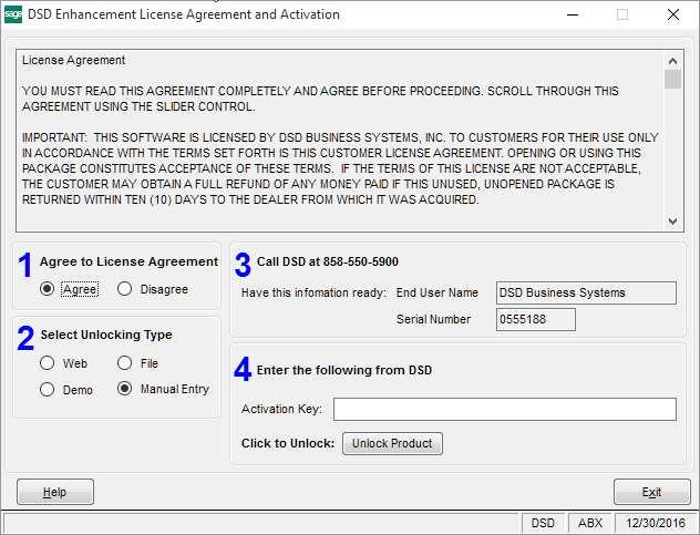8 Extended Lot/Serial Numbers File Unlock: After receiving your encrypted serial number key file from DSD, and placing that file in the MAS90/SOA directory, selecting this option will unlock all
